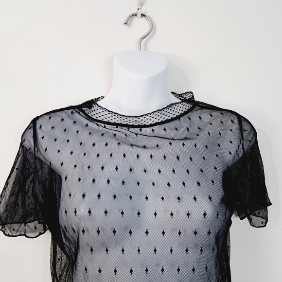 Unbranded Black Sheer Short Sleeve Swiss Dot Diamond Top‎ - Picture 2 of 6